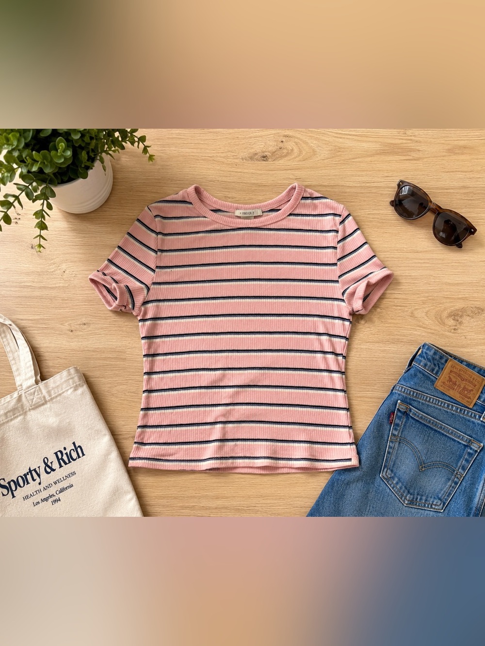Forever 21 Pink Striped Baby Tee S‎